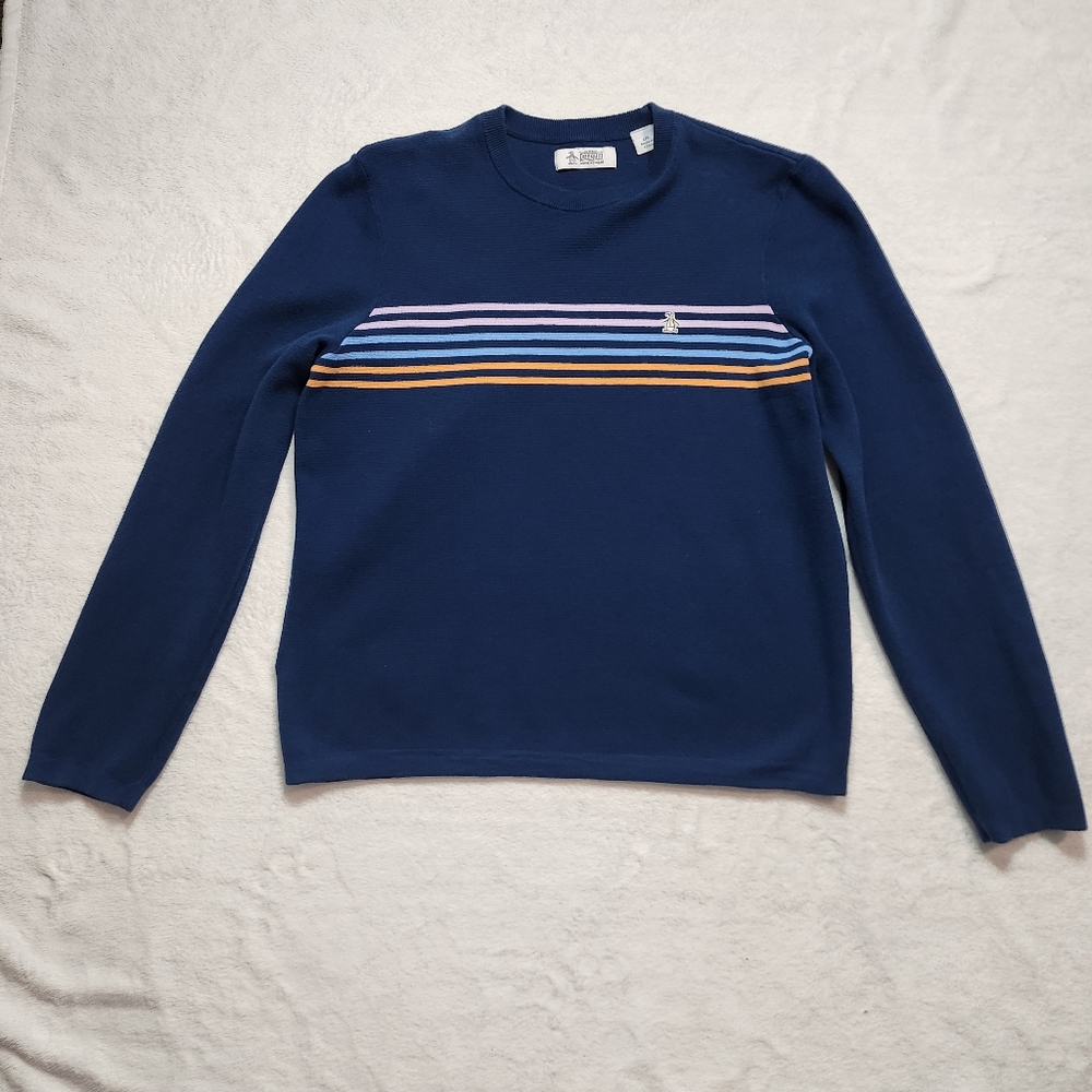 ORIGINAL PENGUIN Men's Crewneck Pullover Sweater Poseidon Blue Stripe Large - Picture 2 of 10